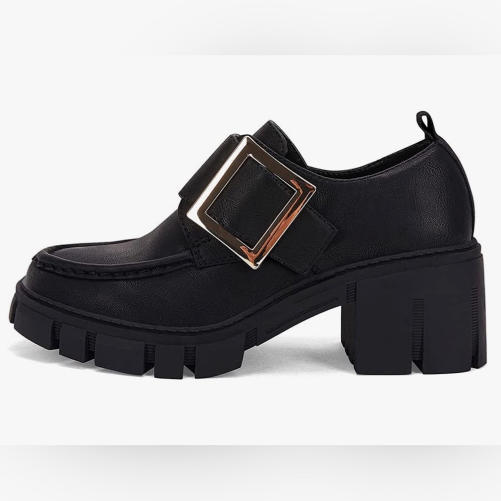 Womens Chunky Platform Loafers Square Buckle Velcro Strap Casual Dress Shoes
